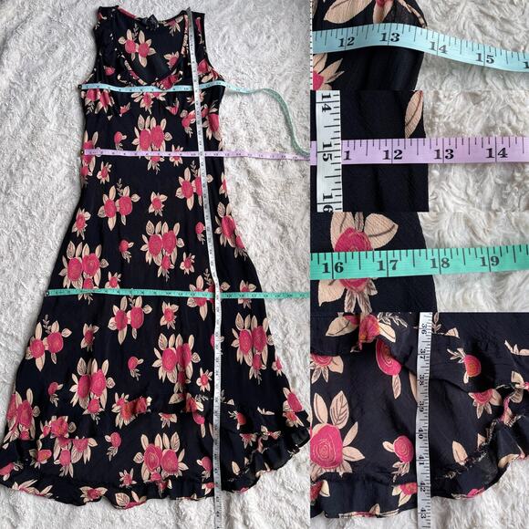 Vintage Y2K abstract rose floral print bias cut ruffle dress black pink Angie S - Picture 5 of 16